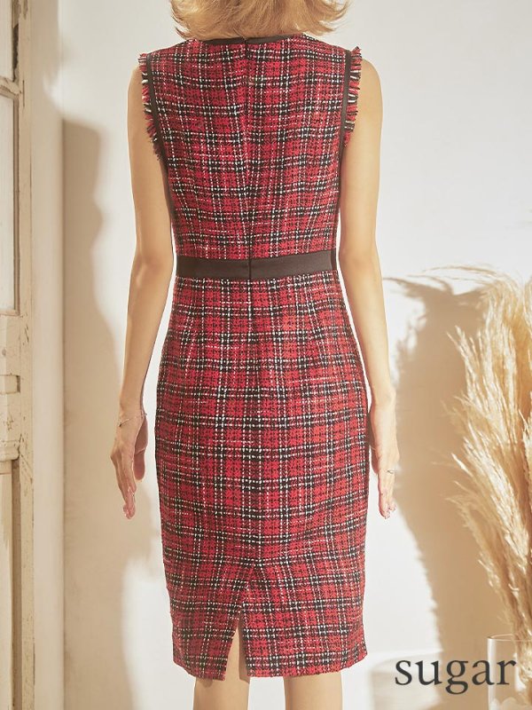 画像23: 【XS-Lサイズあり】 【GINZA COUTURE/銀座クチュール】ツイード/ チェック/ ノースリーブ/ パイピング/ タイト/ ワンピース/ ミディアムドレス/ キャバドレス[OF2]