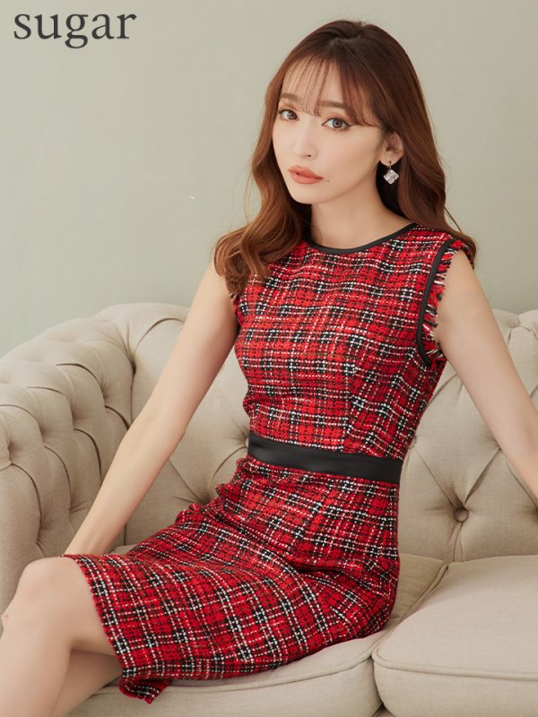 【XS-Lサイズあり】【GINZA COUTURE/銀座クチュール】ツイード/ チェック/ ノースリーブ/ パイピング/ タイト/ ワンピース/ ミディアムドレス/ キャバドレス　レッド
