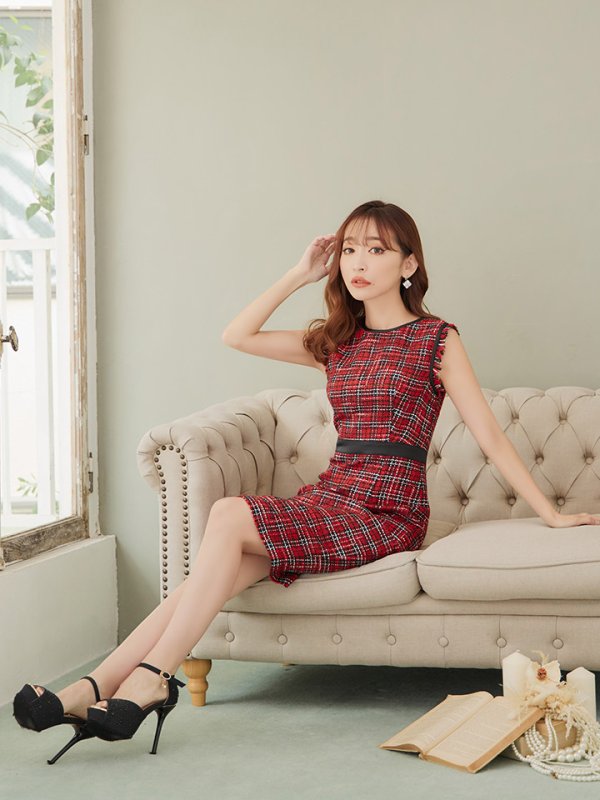 画像3: 【XS-Lサイズあり】 【GINZA COUTURE/銀座クチュール】ツイード/ チェック/ ノースリーブ/ パイピング/ タイト/ ワンピース/ ミディアムドレス/ キャバドレス[OF2]