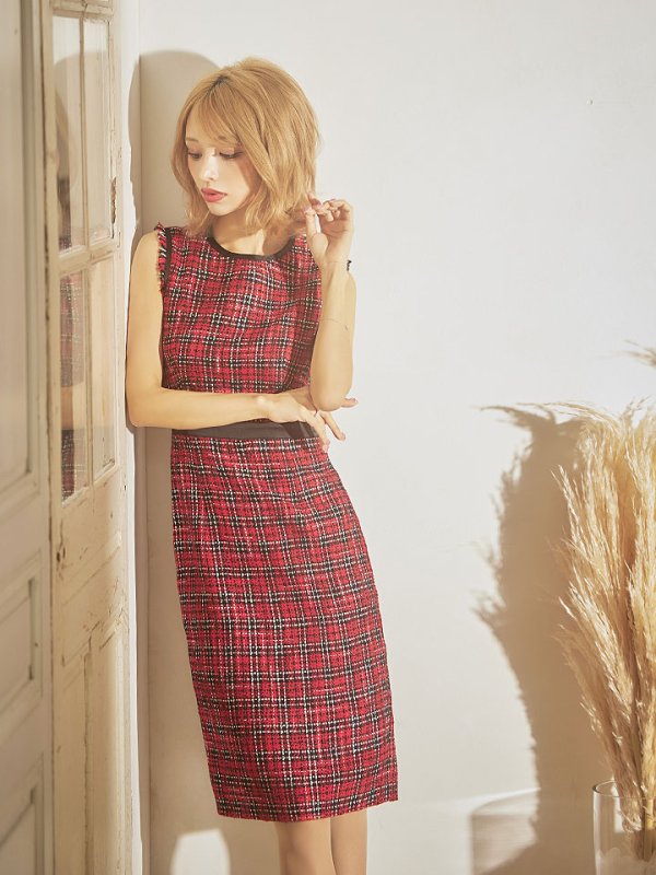 画像15: 【XS-Lサイズあり】 【GINZA COUTURE/銀座クチュール】ツイード/ チェック/ ノースリーブ/ パイピング/ タイト/ ワンピース/ ミディアムドレス/ キャバドレス[OF2]