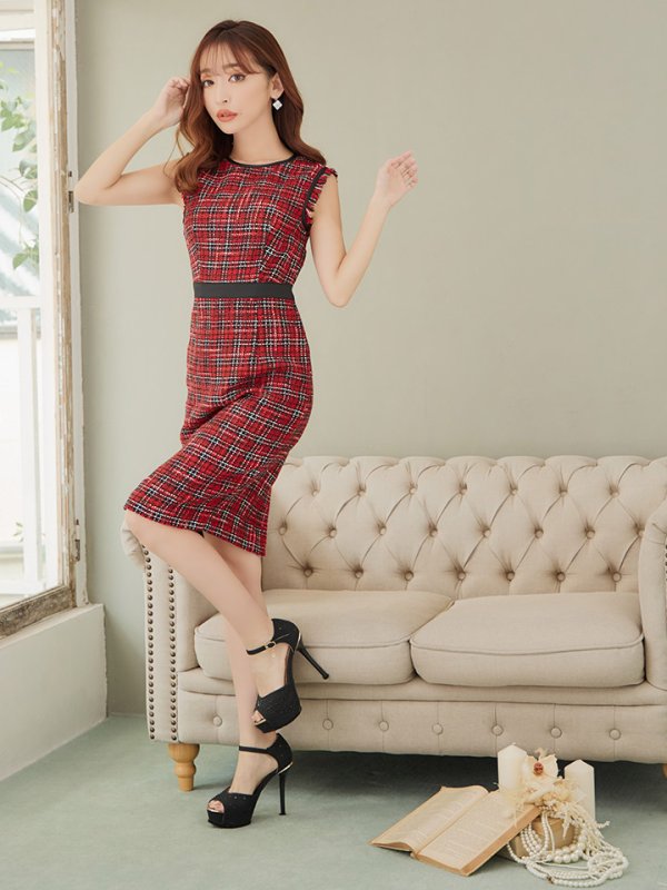 画像6: 【XS-Lサイズあり】 【GINZA COUTURE/銀座クチュール】ツイード/ チェック/ ノースリーブ/ パイピング/ タイト/ ワンピース/ ミディアムドレス/ キャバドレス[OF2]