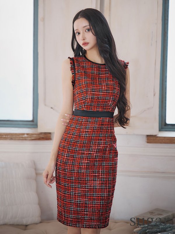 画像8: 【XS-Lサイズあり】 【GINZA COUTURE/銀座クチュール】ツイード/ チェック/ ノースリーブ/ パイピング/ タイト/ ワンピース/ ミディアムドレス/ キャバドレス[OF2]