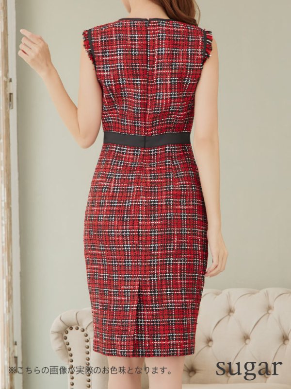画像9: 【XS-Lサイズあり】 【GINZA COUTURE/銀座クチュール】ツイード/ チェック/ ノースリーブ/ パイピング/ タイト/ ワンピース/ ミディアムドレス/ キャバドレス[OF2]