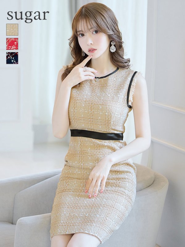 【GINZA COUTURE/銀座クチュール】 ツイード/ ノースリーブ/ タイト/ ワンピース/ ひざ丈/ ミディアムドレス/ キャバドレス【GINZA COUTURE/銀座クチュール】 ツイード/ ノースリーブ/ タイト/ ワンピース/ ひざ丈/ ミディアムドレス/ キャバドレス　ベージュ
