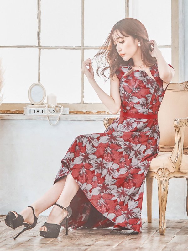 画像10: XS-Lサイズあり 【GINZA COUTURE/銀座クチュール】フラワー刺繍/ ボートネック/ ノースリーブ/ Aライン/ テールカット/ ミモレ丈/ ワンピース/ ミディアムドレス/ キャバドレス[OF2]