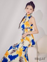 XS-Lサイズあり 【GINZA COUTURE/銀座クチュール】マルチカラー/ プリント/ ハイネック/ ウエストリブ/ ノースリーブ/ ハイウエスト/ Aライン/ フレア/ ワンピース/ ロングドレス/ キャバドレスlong[OF2]