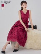 XS-Lサイズあり 【GINZA COUTURE/銀座クチュール】総レース/ ノースリーブ/ ウエストリボン/ Aライン/ フレア/ 膝丈/ ワンピース/ ミディアムドレス/ キャバドレス[OF2]