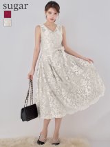 XS-Lサイズあり 【GINZA COUTURE/銀座クチュール】総レース/ ノースリーブ/ ウエストリボン/ Aライン/ フレア/ 膝丈/ ワンピース/ ミディアムドレス/ キャバドレス[OF2]