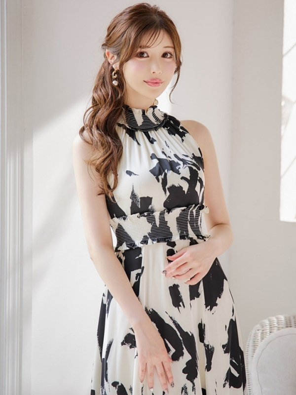 画像3: XS-Lサイズあり 【GINZA COUTURE/銀座クチュール】プリント/ ハイネック/ フリル/ ノースリーブ/ Aライン/ ロングドレス/ キャバドレスlong[OF2]