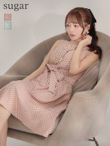 XS-Lサイズあり 【GINZA COUTURE/銀座クチュール】ドット/ ボタン/ ハイネック/ ノースリーブ/ Aライン/ フレア/ 膝丈/ ミディアムドレス/ キャバドレス[OF2]