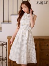 XS-Lサイズあり 【GINZA COUTURE/銀座クチュール】ドット/ ボタン/ ハイネック/ ノースリーブ/ Aライン/ フレア/ 膝丈/ ミディアムドレス/ キャバドレス[OF2]