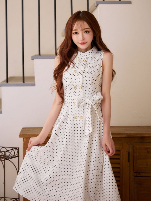 画像6: XS-Lサイズあり 【GINZA COUTURE/銀座クチュール】ドット/ ボタン/ ハイネック/ ノースリーブ/ Aライン/ フレア/ 膝丈/ ミディアムドレス/ キャバドレス[OF2]