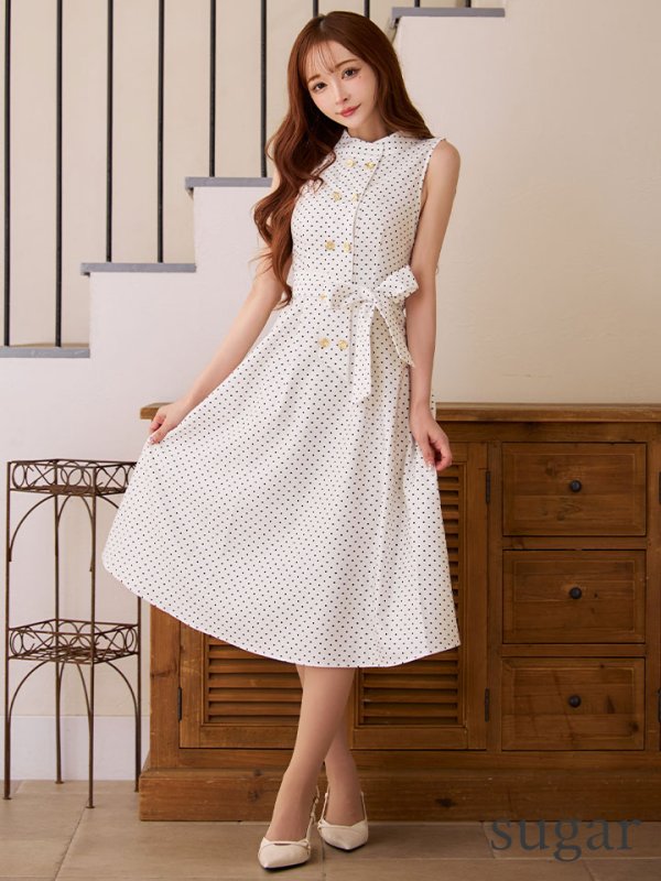 画像7: XS-Lサイズあり 【GINZA COUTURE/銀座クチュール】ドット/ ボタン/ ハイネック/ ノースリーブ/ Aライン/ フレア/ 膝丈/ ミディアムドレス/ キャバドレス[OF2]