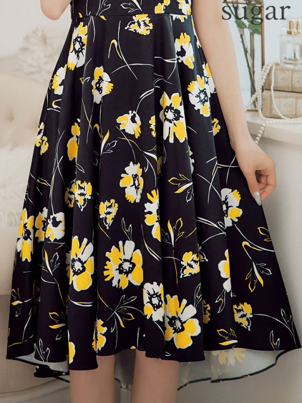 画像11: XS-Lサイズあり 【GINZA COUTURE/銀座クチュール】フラワープリント/ ショルダーリボン/ Vネック/ 膝丈/ フレア/ ワンピース/ ミディアムドレス/ キャバドレス[OF2]