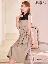 XS-Lサイズあり 【GINZA COUTURE/銀座クチュール】襟付き/バイカラー/ 切替/ ボタン/ ノースリーブ/ Aライン/ リボンベルト/ ミディアムドレス/ キャバドレス[OF2]