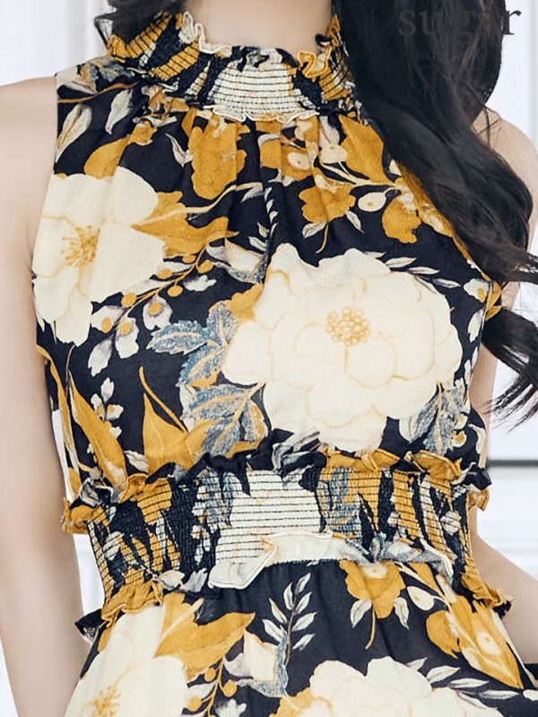 画像10: XS-Lサイズあり 【GINZA COUTURE/銀座クチュール】フラワープリント/ ハイネック/ ノースリーブ/ Aライン/ フレア/ ロングドレス/ キャバドレスlong[OF2]