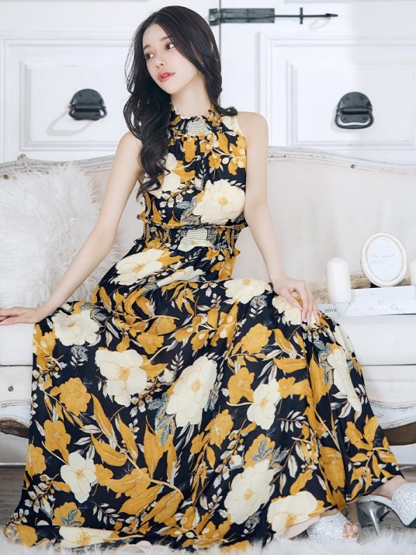 画像3: XS-Lサイズあり 【GINZA COUTURE/銀座クチュール】フラワープリント/ ハイネック/ ノースリーブ/ Aライン/ フレア/ ロングドレス/ キャバドレスlong[OF2]