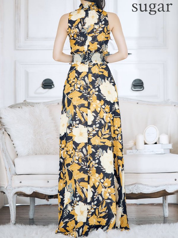 画像9: XS-Lサイズあり 【GINZA COUTURE/銀座クチュール】フラワープリント/ ハイネック/ ノースリーブ/ Aライン/ フレア/ ロングドレス/ キャバドレスlong[OF2]