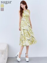 XS-Lサイズあり【GINZA COUTURE/銀座クチュール】ボートネック/ プリント/ サテン/ ノースリーブ/ Aライン/ 膝丈/ フレア/ ミディアムドレス/ キャバドレス[OF2]