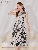XS-Lサイズあり 【GINZA COUTURE/銀座クチュール】花柄/ フラワープリント/ モノトーン/ ノースリーブ/ フレア/ Aライン/ ワンピース/ ミディアムドレス/ キャバドレス[OF2]