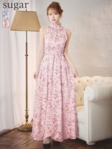 即日発送【GINZA COUTURE/銀座クチュール】 花柄/ プリント/ サテン/ 首元フリル/ ウエストマーク/ マキシ/ アメスリ/ Aライン/ ワンピース/ ロングドレス/ キャバドレス[OF2]