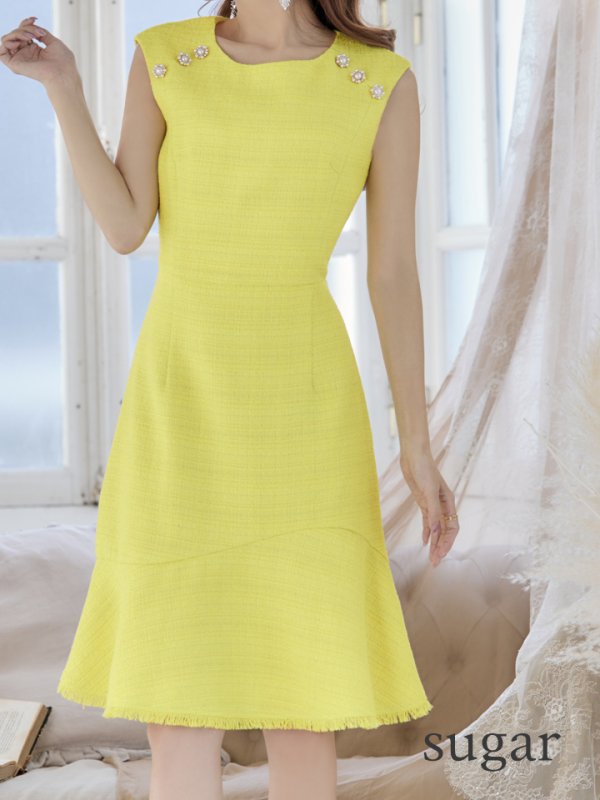 画像15: XS-Lサイズあり【ERUKEI エルケイ】ツイード/ ノースリーブ/ パール/ 膝丈/ ミディアム/ フレア/ ワンピース/ ミニドレス/ キャバドレス[OF2]