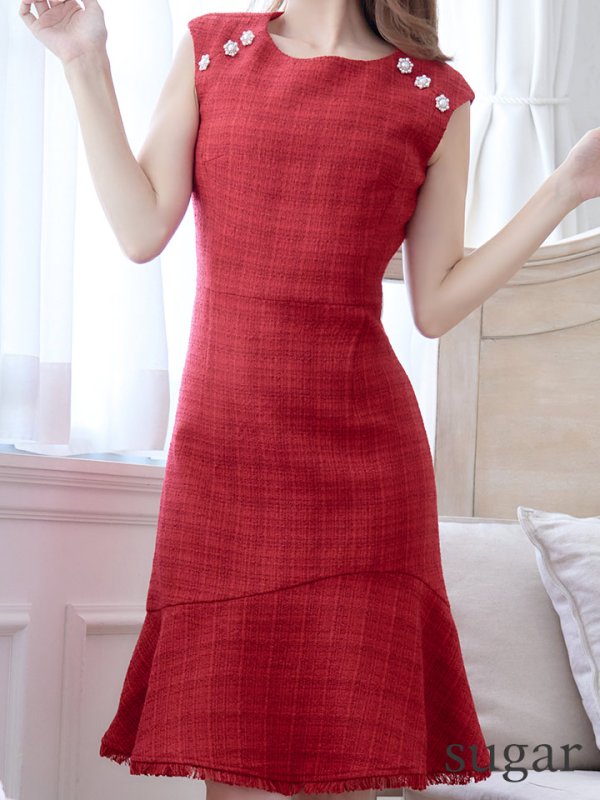 画像13: 門りょうちゃん着用【ERUKEI エルケイ】【XS-Lサイズあり】ツイード/ ノースリーブ/ パール/ 膝丈/ ミディアム/ フレア/ ワンピース/ ミニドレス/ キャバドレス[OF2]