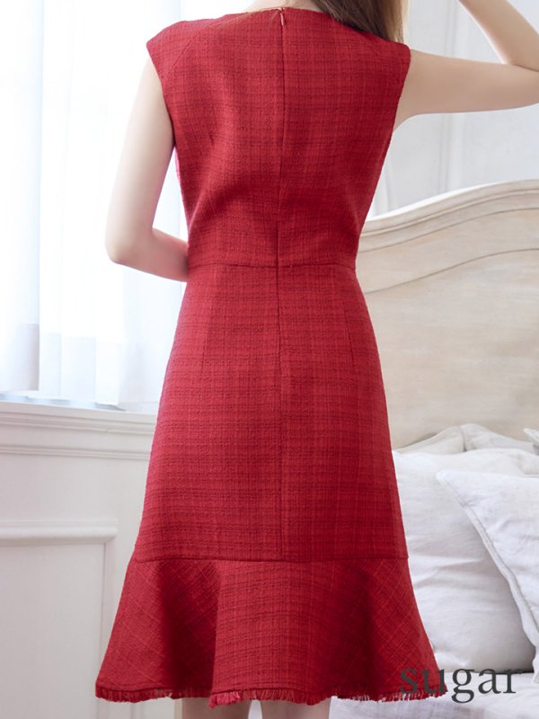 画像14: 門りょうちゃん着用【ERUKEI エルケイ】【XS-Lサイズあり】ツイード/ ノースリーブ/ パール/ 膝丈/ ミディアム/ フレア/ ワンピース/ ミニドレス/ キャバドレス[OF2]