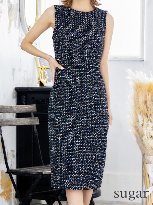 画像16: XS-Lサイズあり【ERUKEI エルケイ】ツイード/ ノースリーブ/ ミディアム丈/ タイト/ ミニドレス/ キャバドレス[OF2]