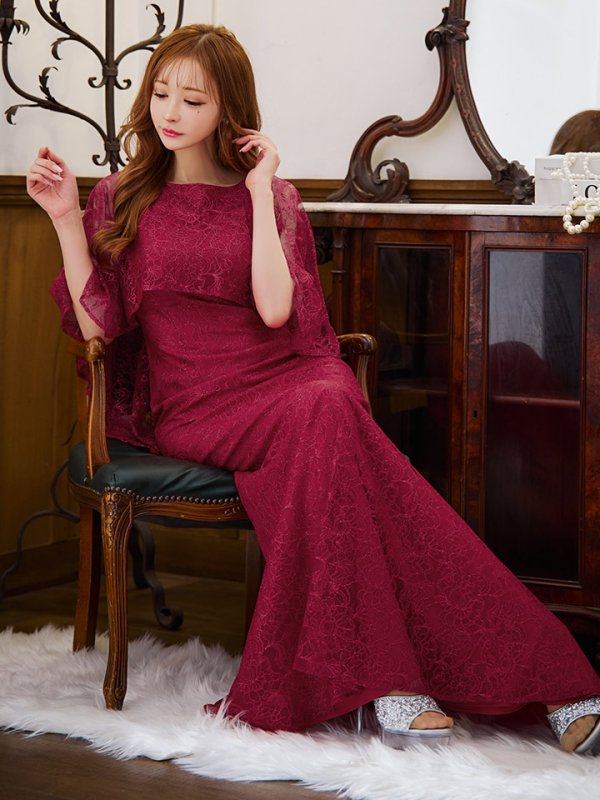 画像14: XS-Lサイズあり【ERUKEI エルケイ】ケープ風デザイン/ ワンカラー/ 総レース / ボートネック/ Aライン/ ロング/ キャバドレス long[OF2]