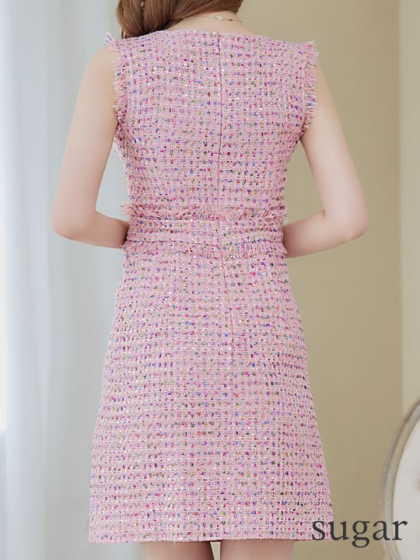 画像9: XS-Lサイズあり【ERUKEI エルケイ】ツイード/ スパンコール/ ノースリーブ/ スリット/ タイト/ ワンピース/ ミニドレス/ キャバドレス[OF2]