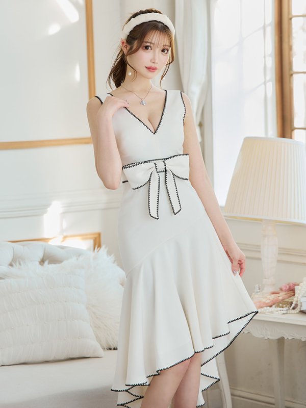 画像16: XS-Lサイズあり【ERUKEI エルケイ】リボンベルト/ Vネック/ ノースリーブ/ テールカット/ ミディアム丈/ ワンピース/ ミディアムドレス/ キャバドレス[OF2]