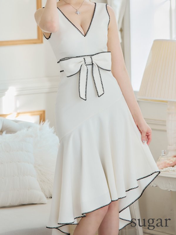 画像19: XS-Lサイズあり【ERUKEI エルケイ】リボンベルト/ Vネック/ ノースリーブ/ テールカット/ ミディアム丈/ ワンピース/ ミディアムドレス/ キャバドレス[OF2]