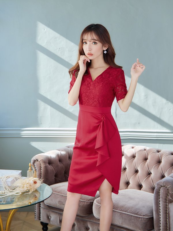 画像4: XS-Lサイズあり【ERUKEI エルケイ】レース/ フリル/ 袖あり/ 長袖/ 膝丈/ミディアムタイト/ ワンピース/ タイト/ ミディアムドレス/ キャバドレス[OF2]