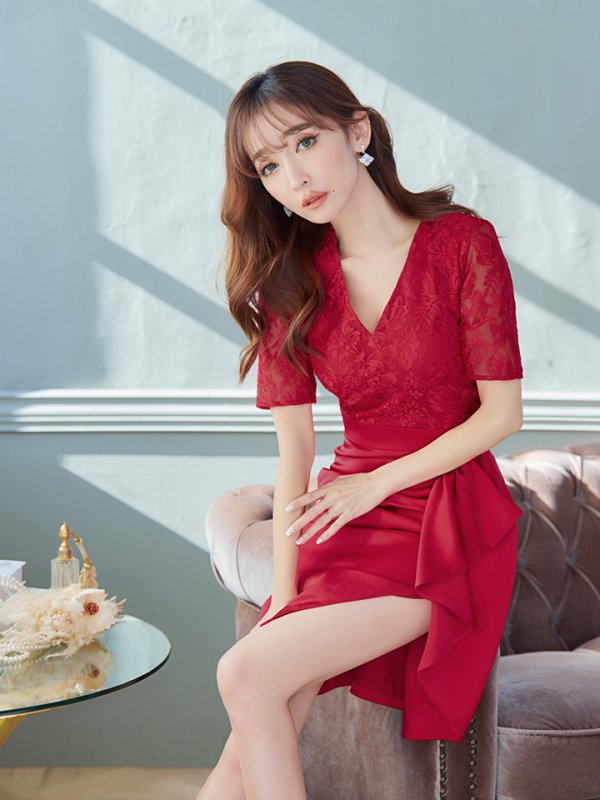 画像6: XS-Lサイズあり【ERUKEI エルケイ】レース/ フリル/ 袖あり/ 長袖/ 膝丈/ミディアムタイト/ ワンピース/ タイト/ ミディアムドレス/ キャバドレス[OF2]