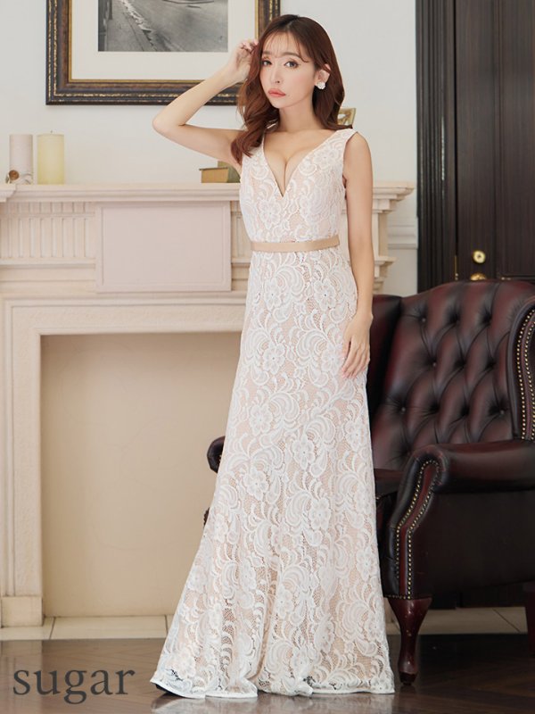 画像7: XS-Lサイズあり【ERUKEI エルケイ】フラワーレース/ ノースリーブ/ ハイウエスト/ Aライン/ Vネック/ フレア/ ロングドレス/ キャバドレス[OF2]