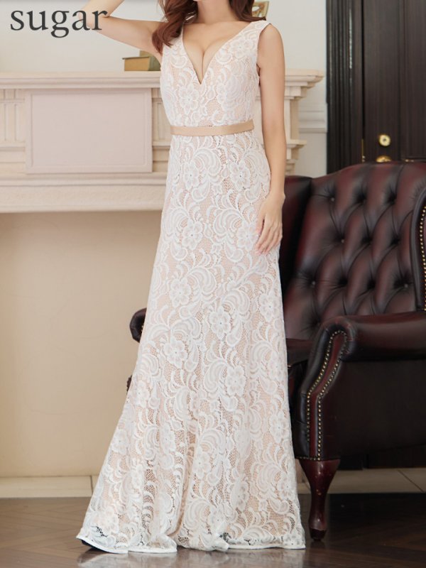 画像8: XS-Lサイズあり【ERUKEI エルケイ】フラワーレース/ ノースリーブ/ ハイウエスト/ Aライン/ Vネック/ フレア/ ロングドレス/ キャバドレス[OF2]