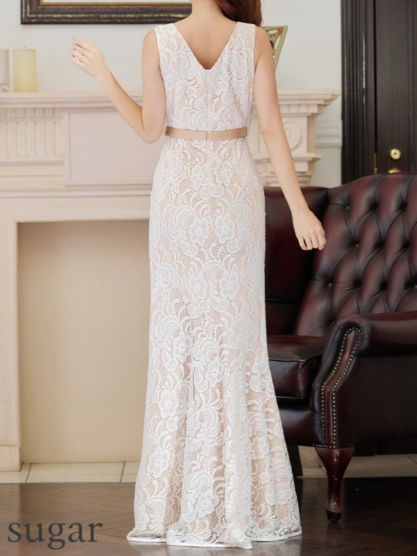 画像9: XS-Lサイズあり【ERUKEI エルケイ】フラワーレース/ ノースリーブ/ ハイウエスト/ Aライン/ Vネック/ フレア/ ロングドレス/ キャバドレス[OF2]