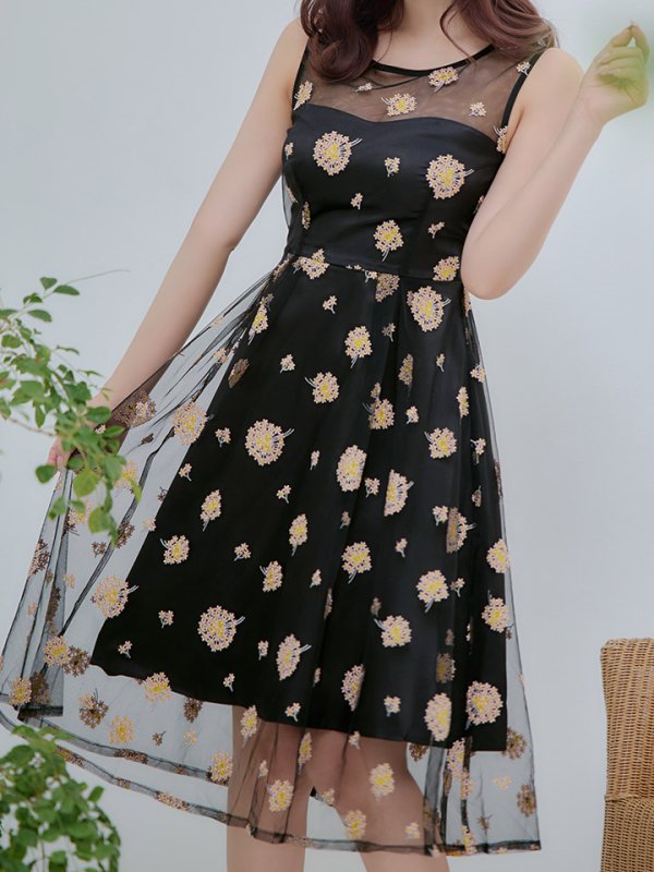 画像8: XSサイズあり【ERUKEI エルケイ】レース/ フラワー刺繍/ ノースリーブ/ 膝丈スカート/ ミディアム丈/ ワンピース/ キャバドレス[OF2]