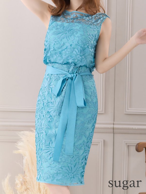 画像8: XS-Lサイズあり【ERUKEI エルケイ】刺繍レース/ リボンベルト/ ノースリーブ/ タイト/ 膝丈/ ミディアムドレス/ キャバドレス[OF2]