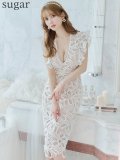 【ERUKEI エルケイ】ケミカルレース/ Vネック/ フリルショルダー/ タイト/ ワンピース/ ミディアムドレス/ キャバドレス[OF2]