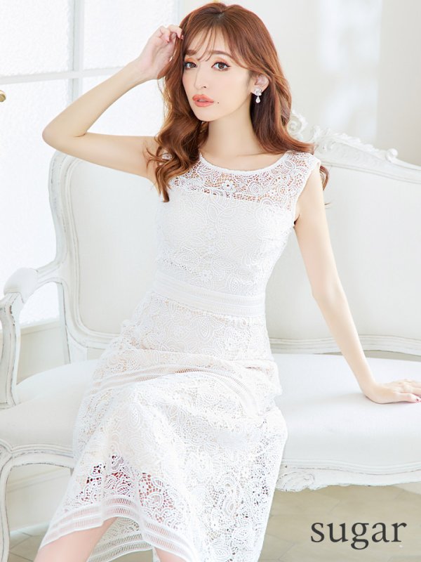 XS-Lサイズあり【GINZA COUTURE/銀座クチュール】ボートネック/ 総レース/ ワンカラー/ ノースリーブ/ ミモレ丈/マキシ丈/ Aライン/ ワンピース/ ミディアムドレス/ キャバドレス　ホワイト