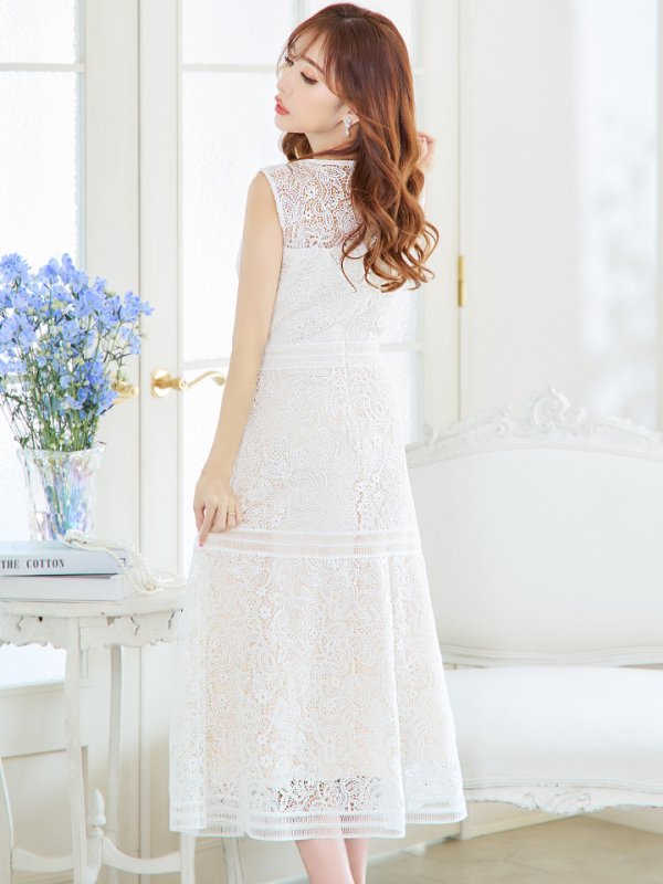 画像3: XS-Lサイズあり 【GINZA COUTURE/銀座クチュール】ボートネック/ 総レース/ ワンカラー/ ノースリーブ/ ミモレ丈/マキシ丈/ Aライン/ ワンピース/ ミディアムドレス/ キャバドレス[OF2]