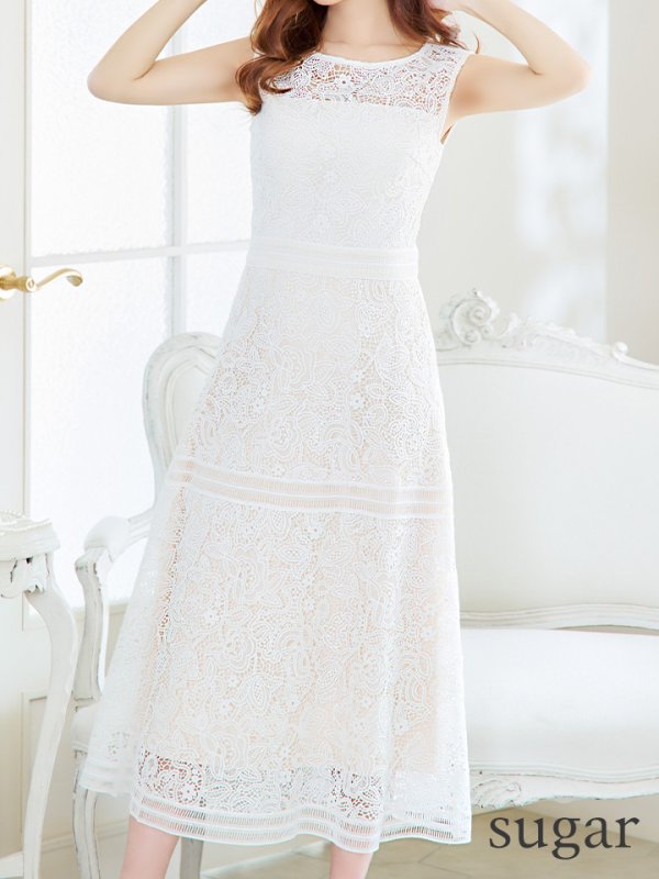 画像8: XS-Lサイズあり 【GINZA COUTURE/銀座クチュール】ボートネック/ 総レース/ ワンカラー/ ノースリーブ/ ミモレ丈/マキシ丈/ Aライン/ ワンピース/ ミディアムドレス/ キャバドレス[OF2]