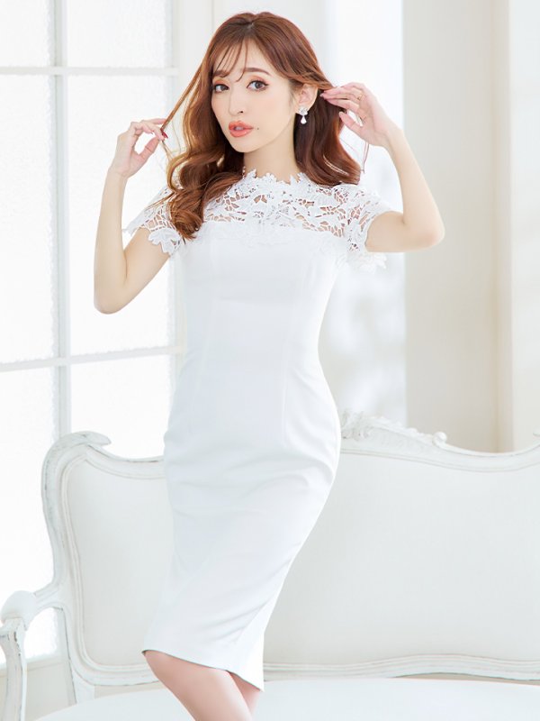 画像3: XS-Lサイズあり【ERUKEI エルケイ】ケミカルレース/ シンプル/ ワンカラー/ 半袖/ 袖あり/ タイト/ ワンピース/ ミディアムドレス/ キャバドレス[OF2]