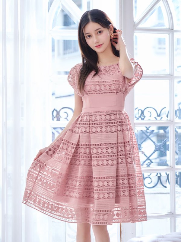 画像10: XSサイズあり【ERUKEI エルケイ】フレンチスリーブ/ ケミカルレース/ ボートネック/ Aライン/ フレア/ ワンピース/ ミディアムドレス/ キャバドレス[OF2]