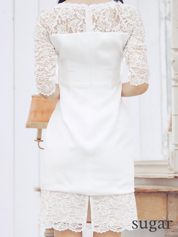 画像10: XS-Lサイズあり【ERUKEI エルケイ】レース/ 切替/ ハーフスリーブ/ ひざ丈/ タイト/ ワンピース/ ミディアムドレス/ キャバドレス[OF2]