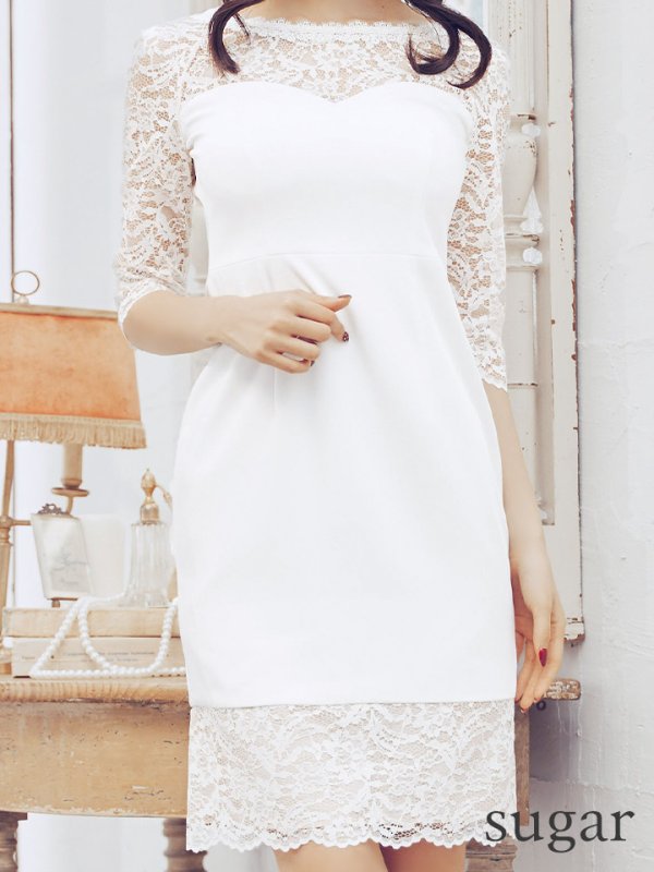 画像8: XS-Lサイズあり【ERUKEI エルケイ】レース/ 切替/ ハーフスリーブ/ ひざ丈/ タイト/ ワンピース/ ミディアムドレス/ キャバドレス[OF2]