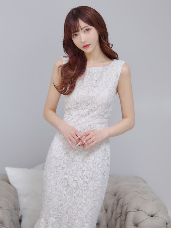 画像14: XS-Lサイズあり【ERUKEI エルケイ】マーメイド/ ノースリーブ/ フラワーレース/ ワンピース/ 裾フリル/ ミディアムドレス/ キャバドレス[OF2]