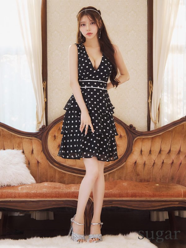 画像6: XS-Lサイズあり【ERUKEI エルケイ】ドット/ フリル/ ティアード/ ノースリーブ/ Vネック/ フレア/ ミニドレス/ キャバドレス[OF2]